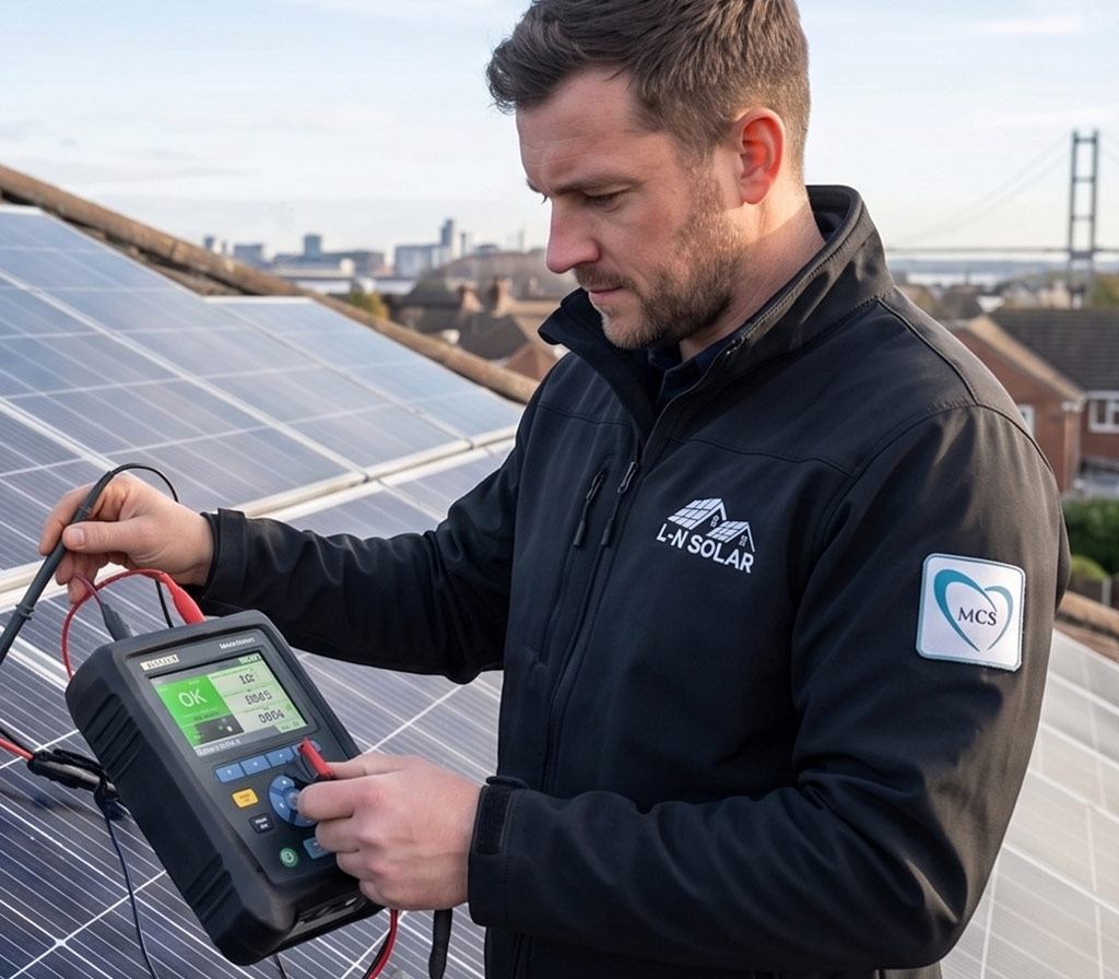 L-N Solar engineer inspecting solar panels during a maintenance visit in Hull